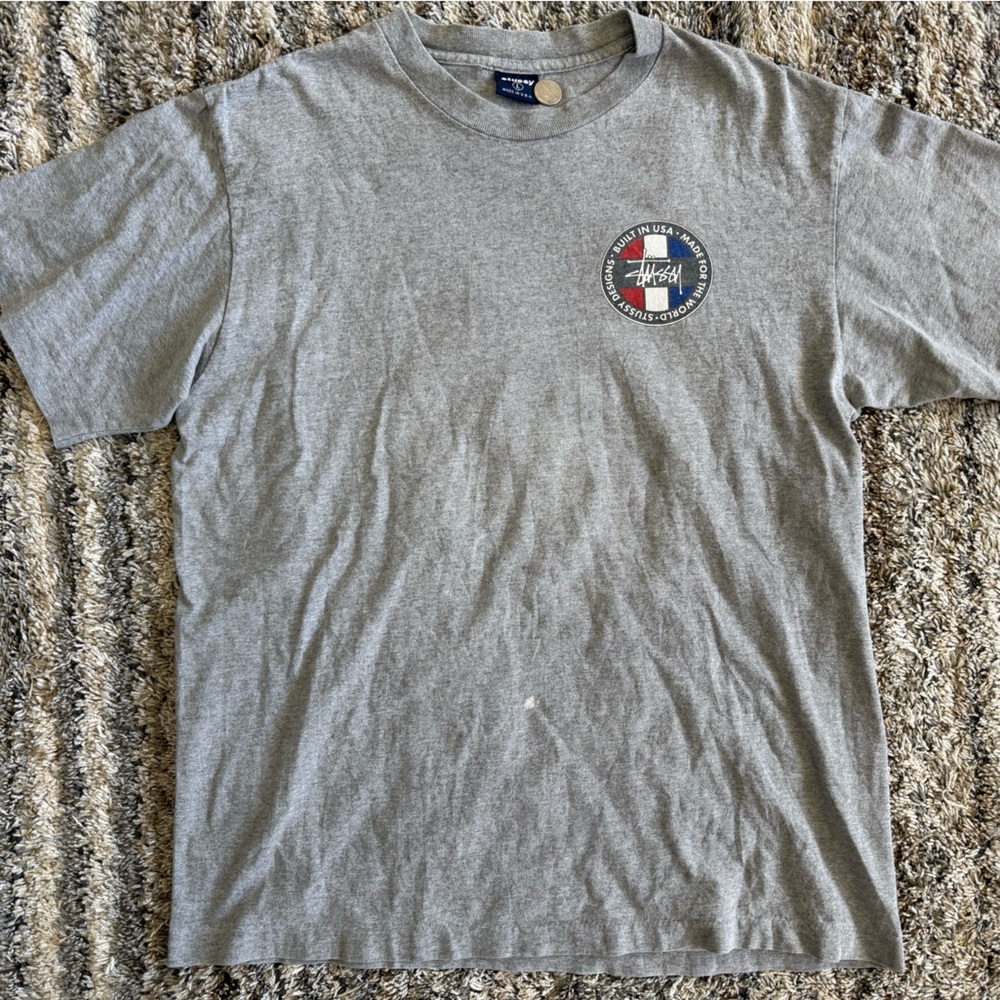 Vintage Stussy “Built In USA Made For The World” T-Shirt Gray Single Stitch USA